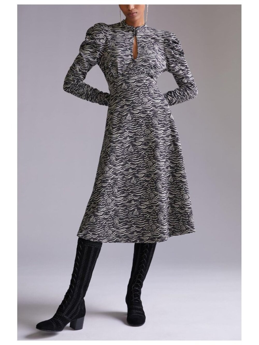 NWT by Anthropologie Puff-Sleeved Jacquard Midi in Black White Dress S $170